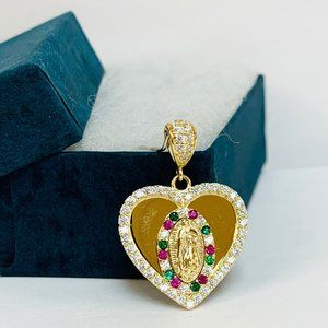 Guadalupe Heart Pendant CZ Solid Yellow Gold 14K Womens 21x21mm Christmas Gift